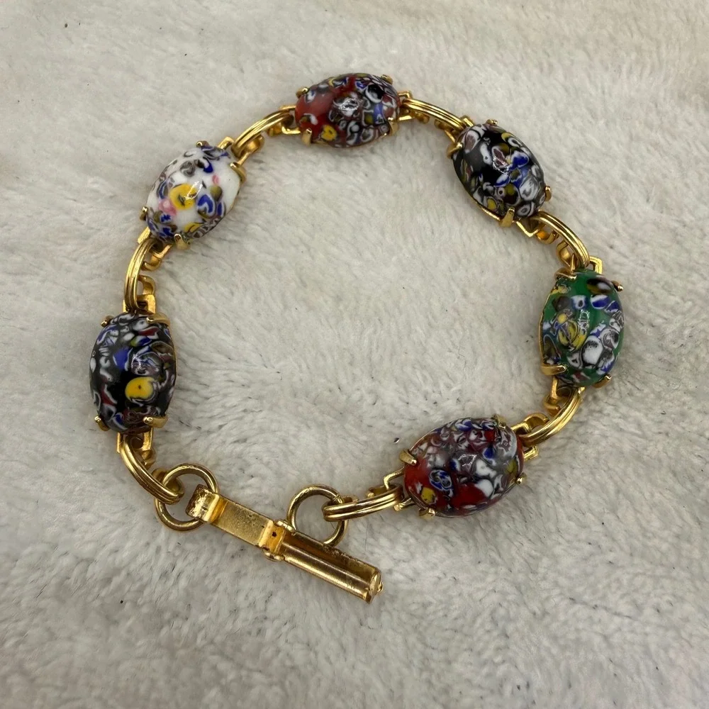 Vintage Millefiori Art Glass Bracelet Multicolor Gold Tone Link 6.5in